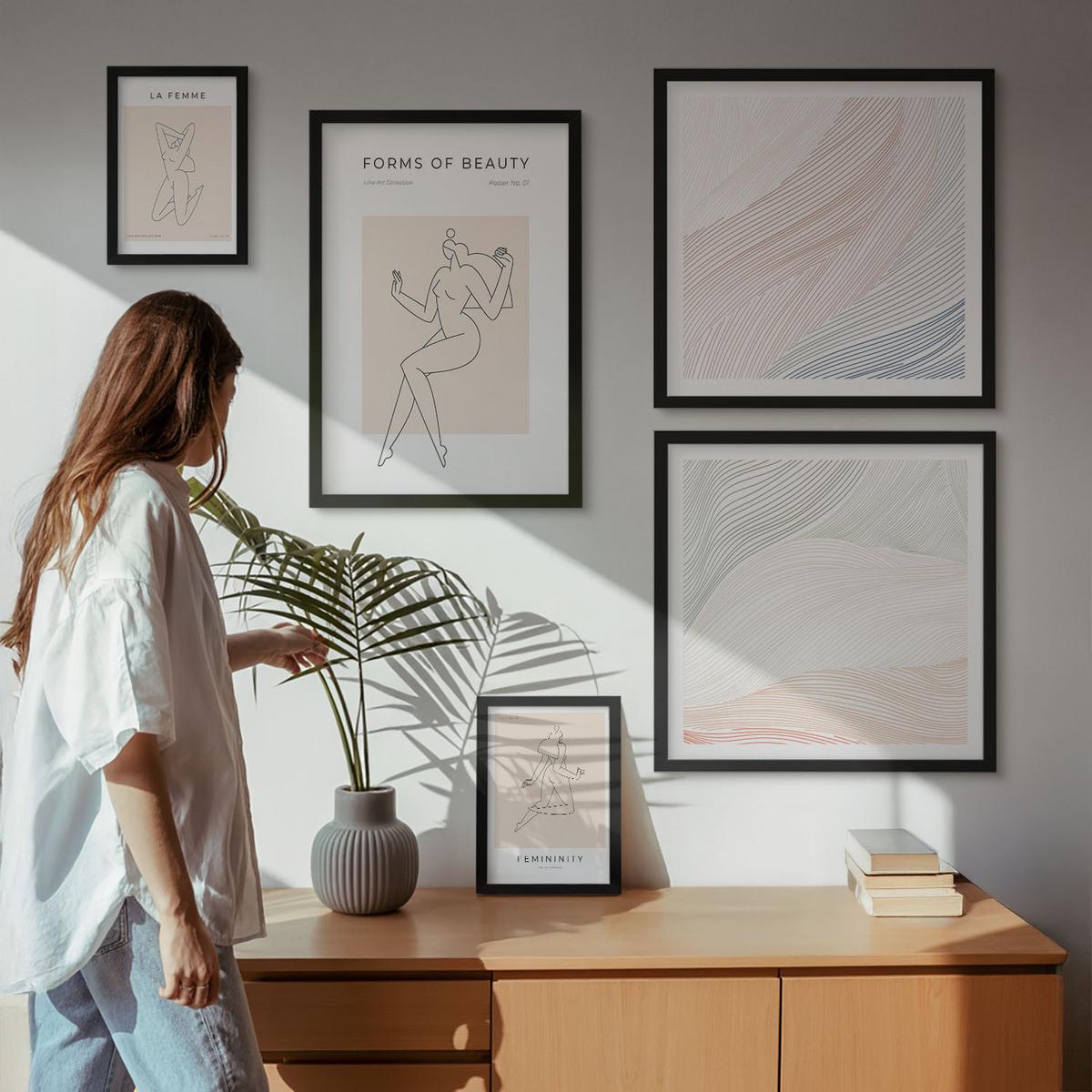 BILDER SET 5er Set - 50x50 cm & 20x30 cm & 40x60 cm Schwarzer Rahmen - Weibliche Silhouetten auf Plakaten - Schwarz, Kunststoff (40/60cm) - TULUP