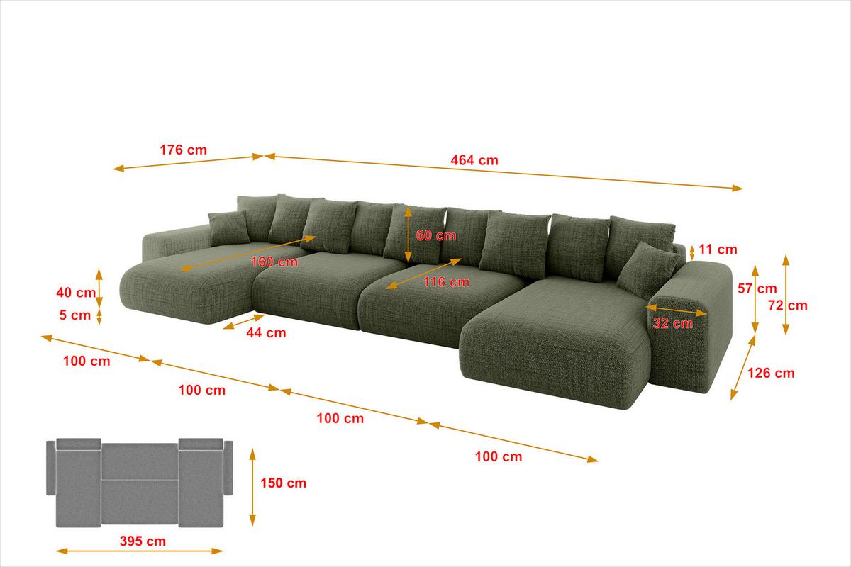 WOHNLANDSCHAFT mit Schlaffunktion ESKAR-U2-464x176x72cm Grün - Hellgrün/Grün, Holzwerkstoff/Kunststoff (176/72/464cm) - ALTDECOR