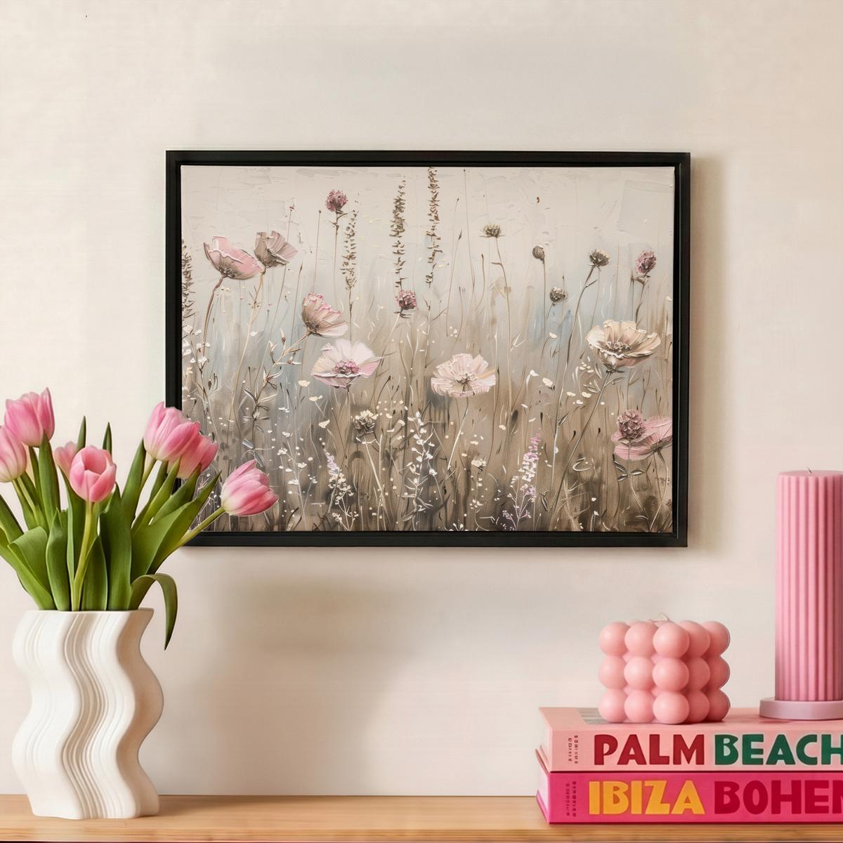 LEINWAND Bilder mit Rahmen - Blumen - Rosa - Modern - Beige - 40x30 - Beige, Textil (40/30cm) - MuchoWow