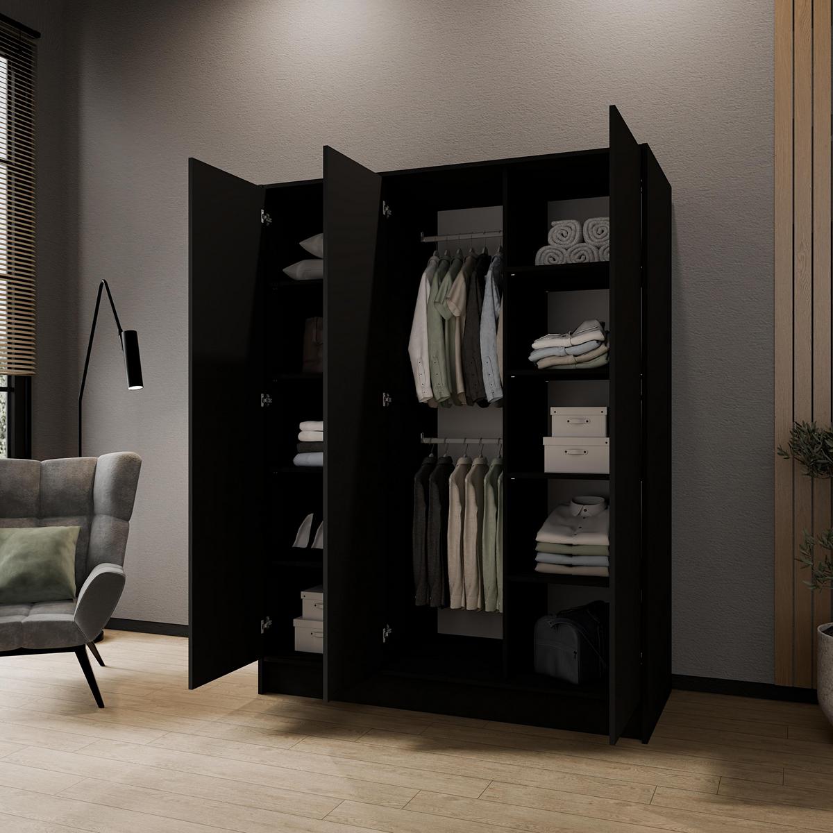 DREHTÜRENSCHRANK VELAR 150/200/51 cm Modern Kleiderschrank 3-türig Schwarz - Schwarz, Holzwerkstoff (150/200/51cm) - MASSENO