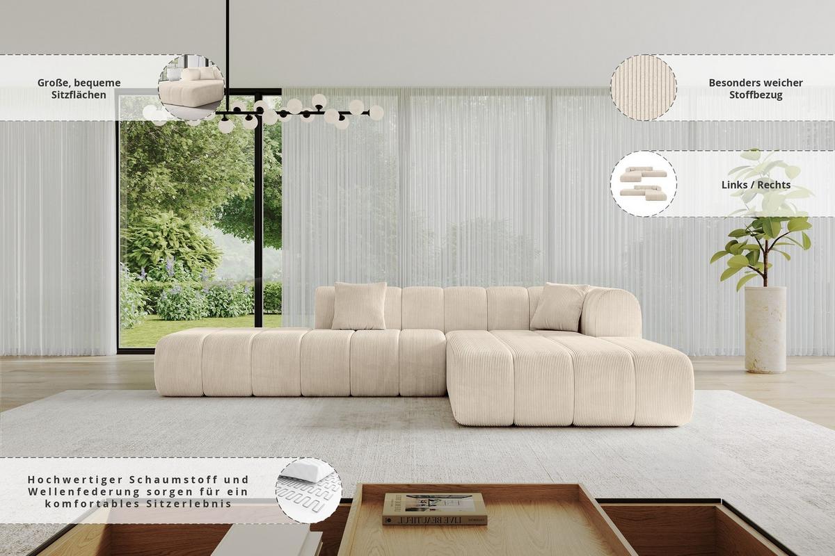 ECKSOFA Ottomane Rechts BILA-L 289x176x71 Beige Cord - Kaschmir/Beige, Holzwerkstoff/Kunststoff (289/176cm) - ALTDECOR