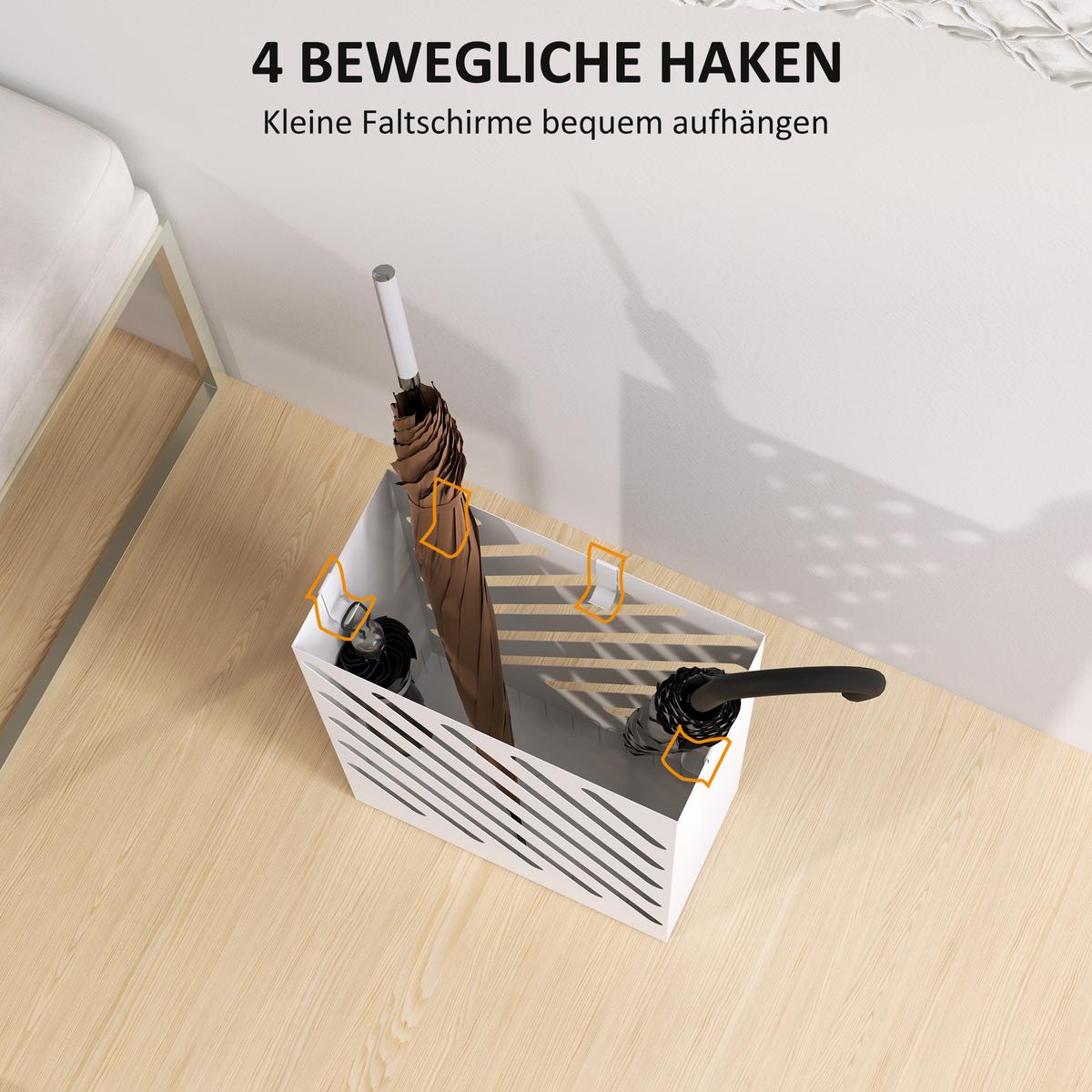 SCHIRMSTÄNDER Regenschirmständer mit 4 Haken und Wasserauffangschale Weiß - Weiß, Metall (14/41/28cm) - HOMCOM