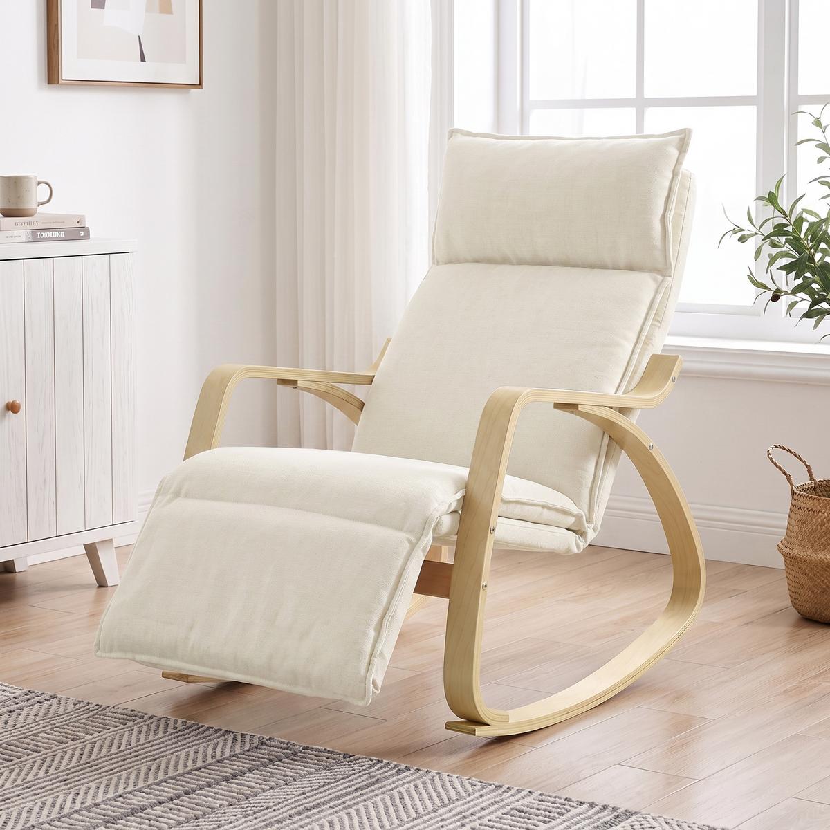SCHAUKELSTUHL Polyester Cremeweiß - Creme/Schwarz, Birkenholz/Holzwerkstoff (67/92/106cm) - HOMCOM