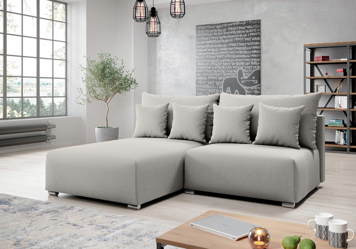 ECKSOFA L Form Ederra Hellgrau 208/190/91 cm – großes Sofa mit Schlaffunktion L - Silberfarben/Hellgrau, Textil/Metall (190/208cm) - AX Living
