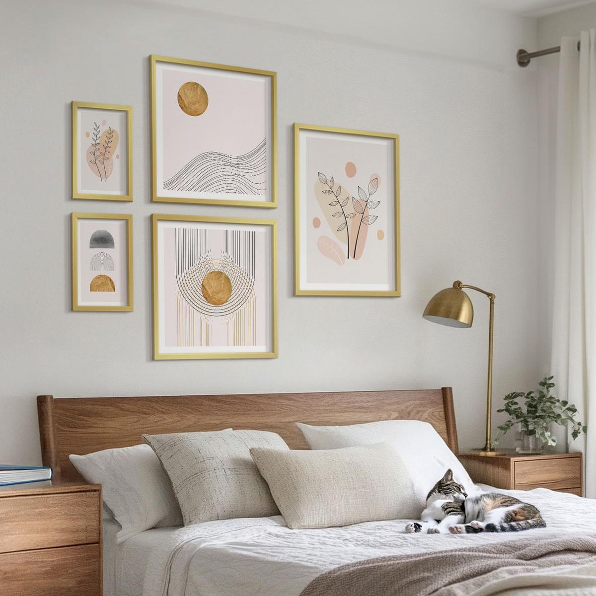 BILDER SET 5er Set - 50x50 cm & 20x30 cm & 40x60 cm Goldrahmen - Berge, Wasserfälle, Vögel, Blumen - Goldfarben, Kunststoff (40/60cm) - TULUP