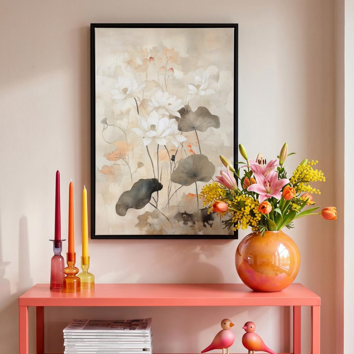 LEINWAND Bilder mit Rahmen - Blumen - Japandi - Wabi sabi - 40x60 - Sandfarben, Textil (40/60cm) - MuchoWow