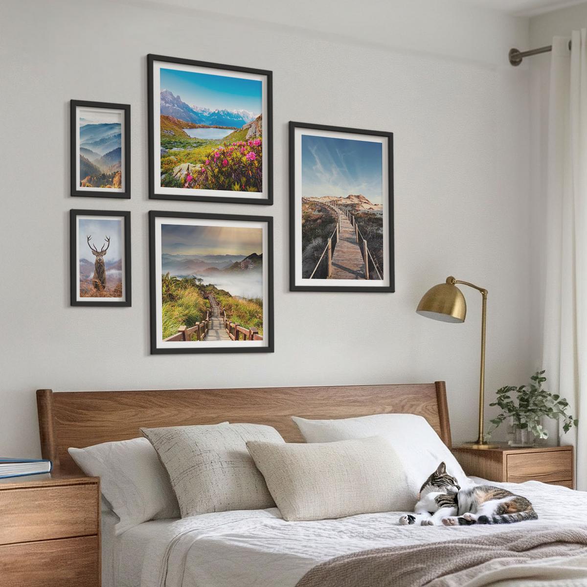 BILDER SET 5er Set - 50x50 cm & 20x30 cm & 40x60 cm Schwarzer Rahmen - Berglandschaft, See, Hirsche - Schwarz, Kunststoff (40/60cm) - TULUP