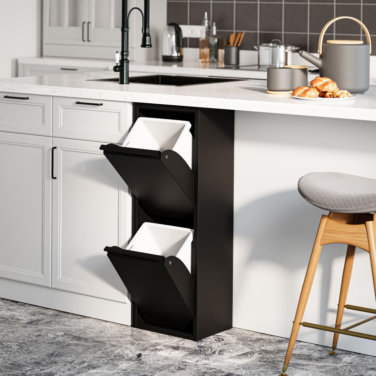 MÜLLTRENNSCHRANK Sollentuna - Schwarz, Kunststoff/Metall (33/93/25cm) - [en.casa]