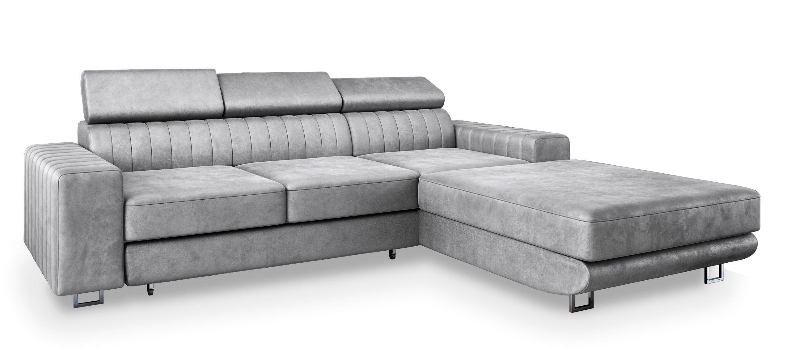 ECKSOFA NOTO R-S Hellgrau Velours-Stoff mit Schlaffunktion - Silberfarben/Hellgrau, Holz/Textil (267/190cm) - MASSENO