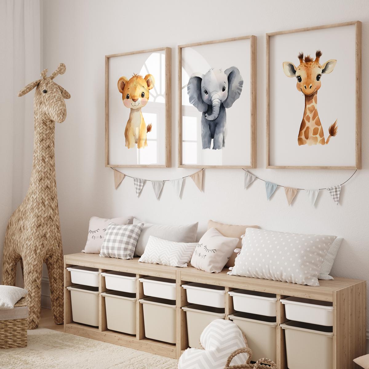 POSTER SET für Kinderzimmer WILDETIERE Löwe Elefant Giraffe 3x Poster A3 30x42cm - Gelb/Orange, Papier (30/42/1cm) - Muralo