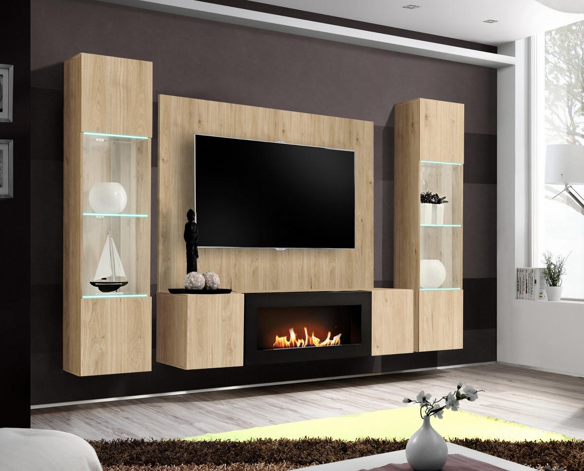WOHNWAND Eiche Jackson 4-teilig 260 cm hängend, Anbauwand mit Ethanol Kamin - Eichefarben, Glas/Holzwerkstoff (260/170/40cm) - Inn.Furn