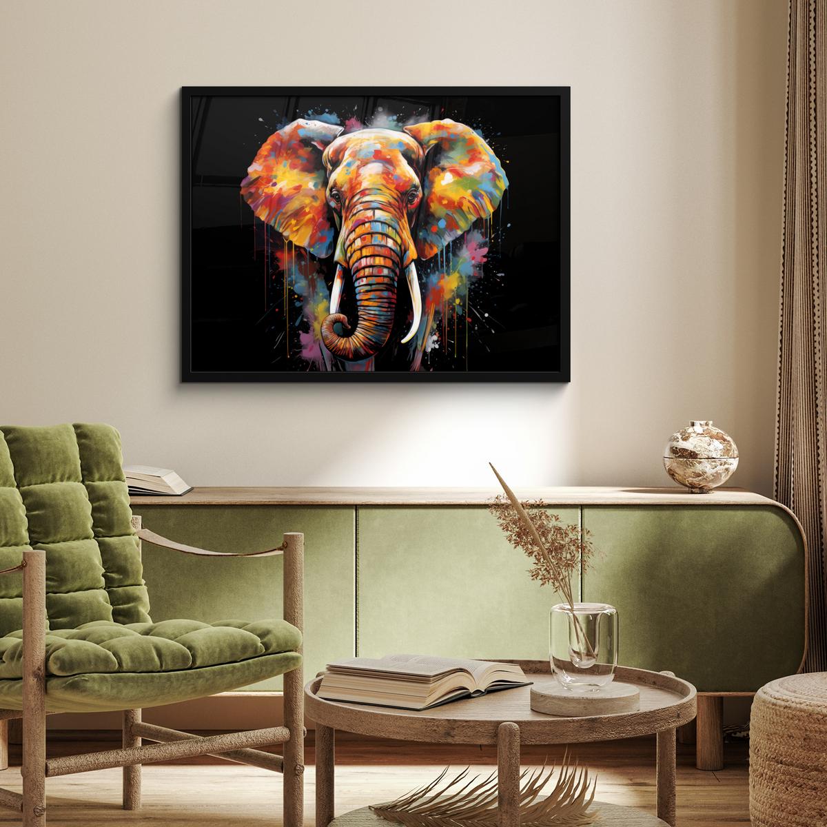 POSTER MIT RAHMENGERAHMTES BILD Elefant - Graffiti - Schwarz - Tiere - Farben 80x60 cm - Schwarz, Papier (80/60cm) - MuchoWow
