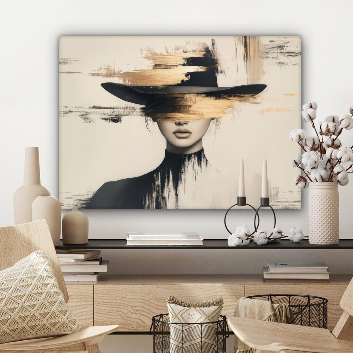LEINWANDBILD Frau - Hut - Farbe Wandbilder 80x60 cm - Goldfarben, Textil (80/60cm) - MuchoWow