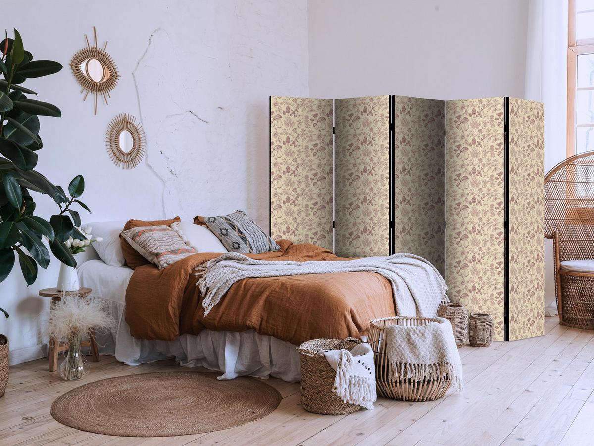PARAVENT Einseitig Bedruckter 5-tlg 225x172 cm Boho Blumen und Pilze - Braun, Holz/Textil (225/172/3cm) - Muralo