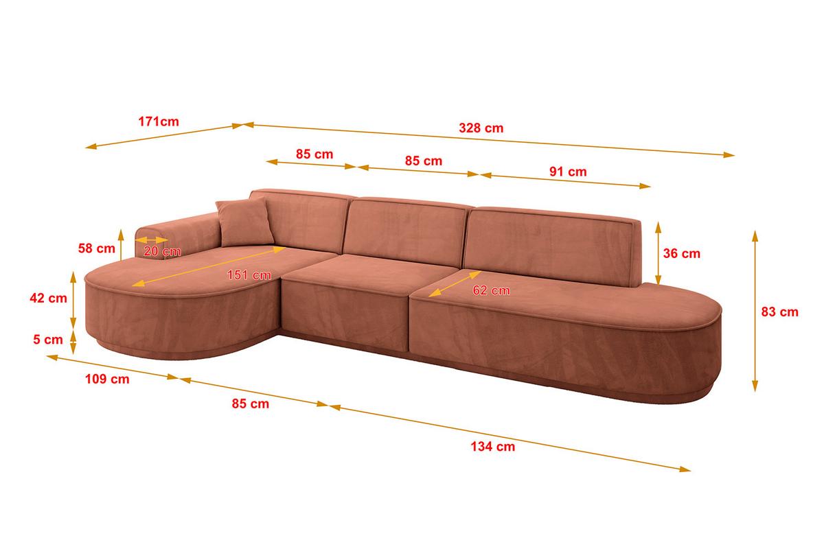 ECKSOFA Ottomane Links MARI-L2-v3 - 328x171x83 cm Koralle Velours - Koralle/Schwarz, Holzwerkstoff/Kunststoff (328/171cm) - ALTDECOR