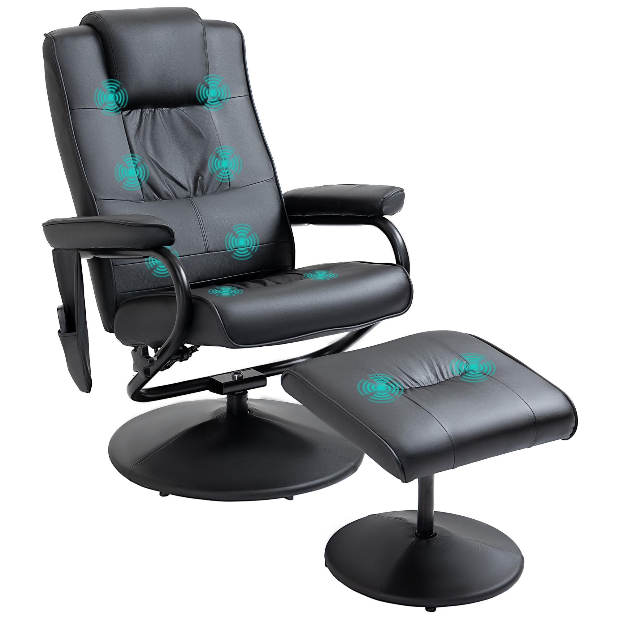 MASSAGESESSEL mit Hocker, Relaxsessel mit Liegefunktion, Massagefunktion Schwarz - Schwarz, Leder/Kunststoff (84/95/77cm) - HOMCOM