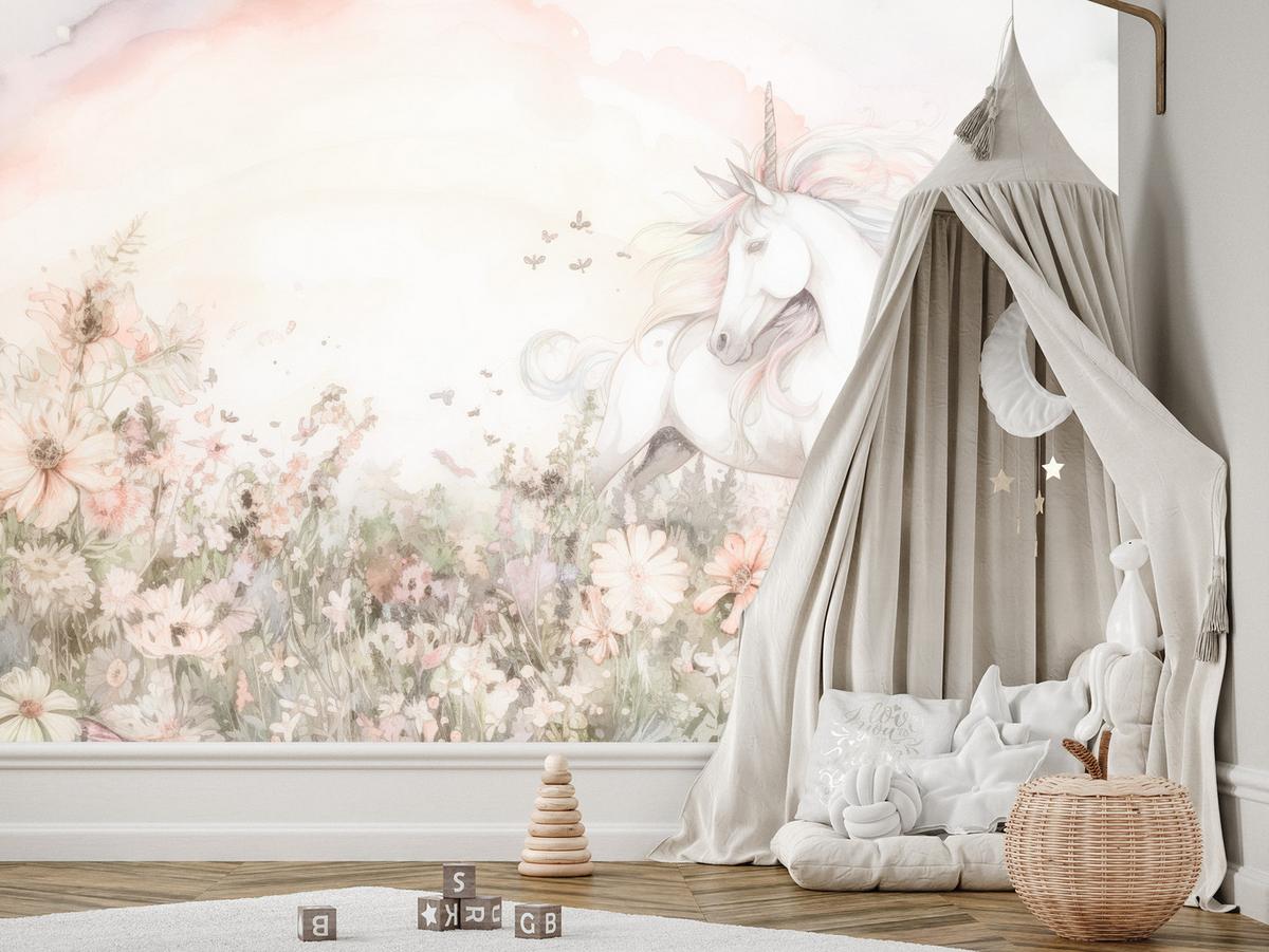 FOTOTAPETE für Kinder Einhorn Blumen Aquarell 500x350 - Gelb/Beige, Papier (500/350cm) - Muralo
