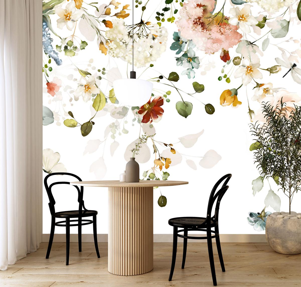 FOTOTAPETE für Schlafzimmer Bunte Zarte Blumen Blätter Pastell 400x280 - Ecru/Beige, Papier (400/280cm) - Muralo