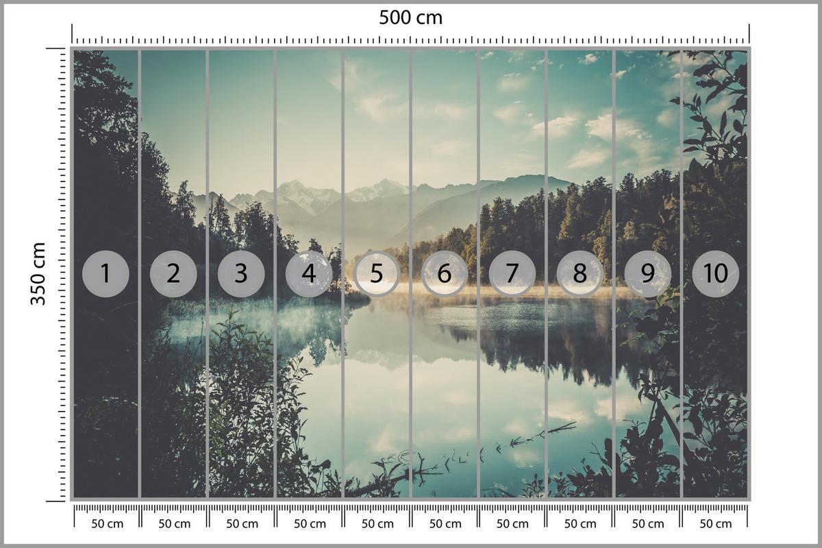 FOTOTAPETE für Esszimmer Bergsee Wald Bäume Nebel 500x350 - Türkis/Gelb, Papier (500/350cm) - Muralo
