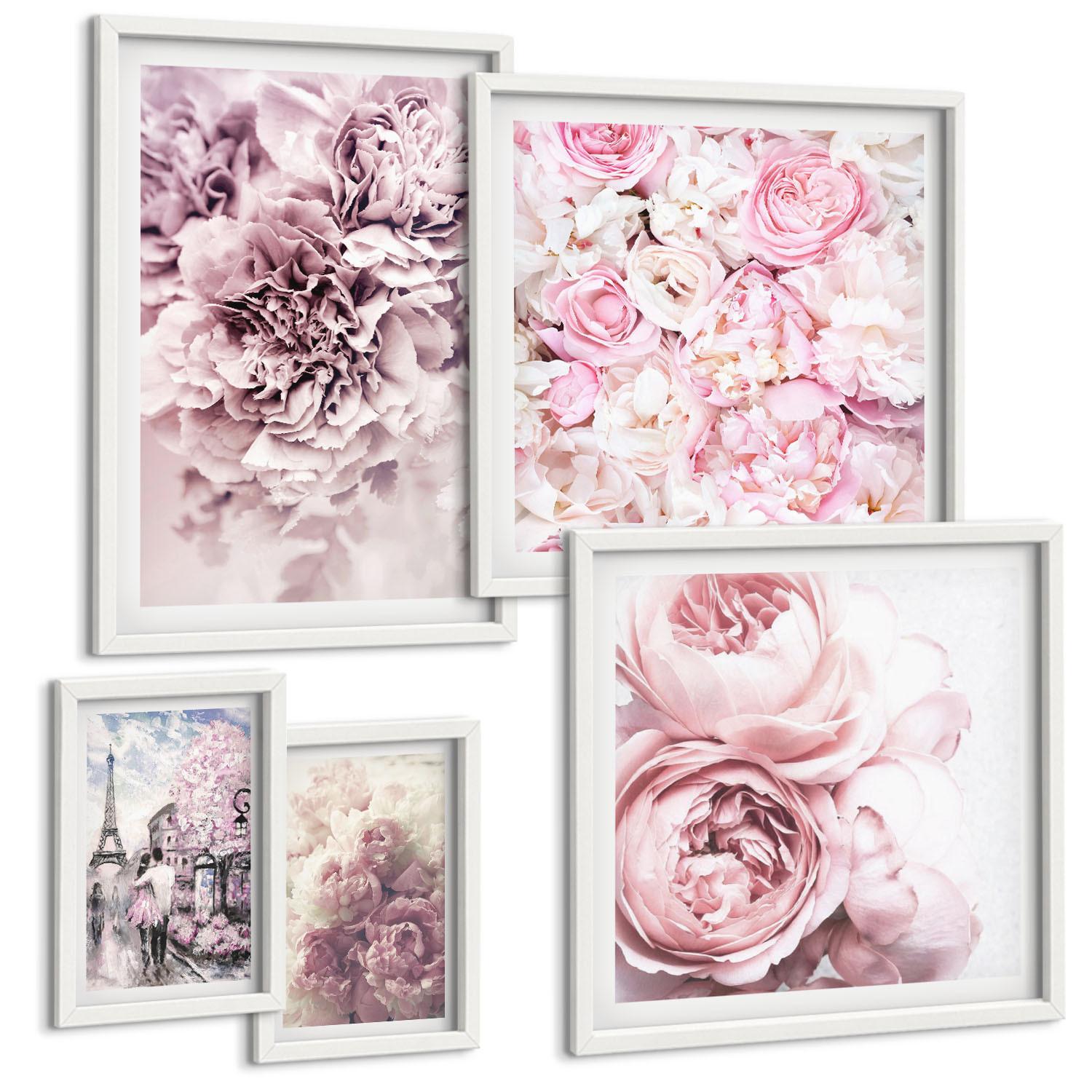 BILDER SET 5er Set - 50x50 cm & 20x30 cm & 40x60 cm Weißer Rahmen - Rosa Blumen, romantische Landschaft - Weiß, Kunststoff (40/60cm) - TULUP