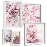 BILDER SET 5er Set - 50x50 cm & 20x30 cm & 40x60 cm Weißer Rahmen - Rosa Blumen, romantische Landschaft - Weiß, Kunststoff (40/60cm) - TULUP