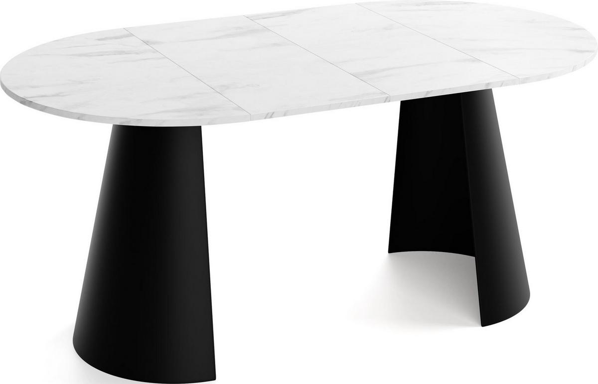 ESSTISCH Lamio runder ausziehbarer, Marmor Weiß 100-180/100/76 cm - Ecru/Schwarz, Holzwerkstoff/Metall (100/176/76cm) - WFL GROUP