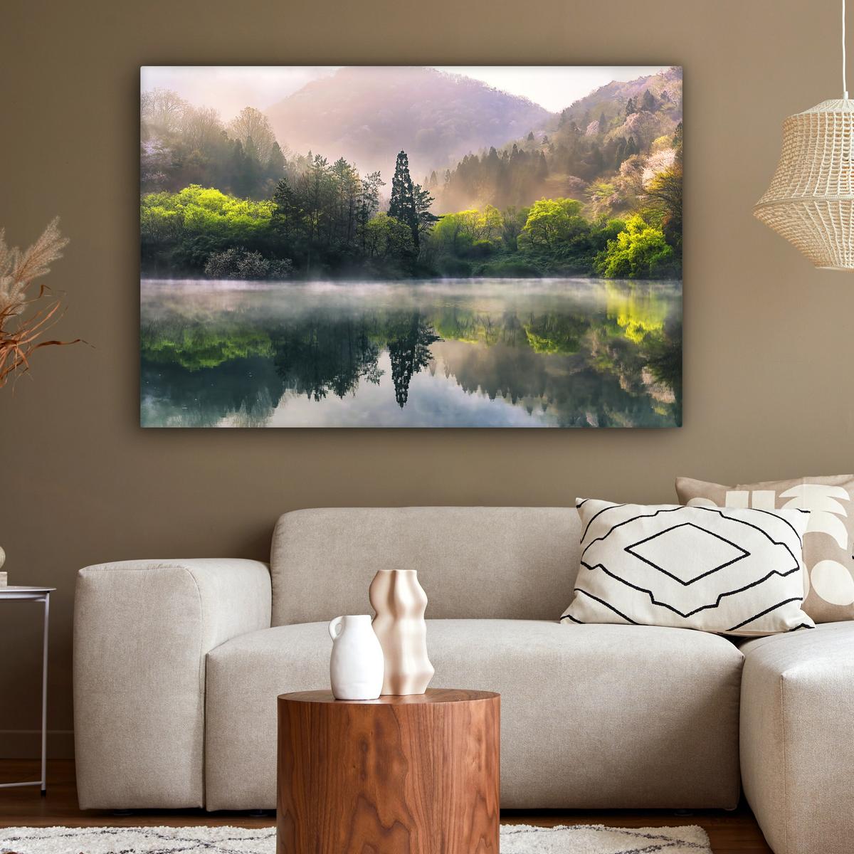 LEINWANDBILD Natur - Bäume - Berge - See - Wasser Groß 140x90 cm - Hellgrün, Textil (140/90cm) - MuchoWow