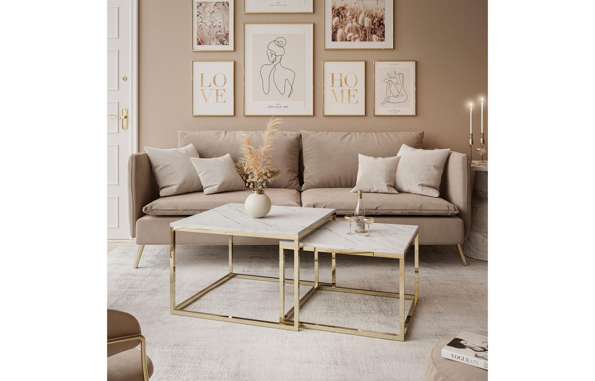 COUCHTISCH YOSHI 2in1 70/70/42 cm Gold chrom / Marmor Levanto - Multicolor, Holzwerkstoff/Metall (70/70/42cm) - Lookway
