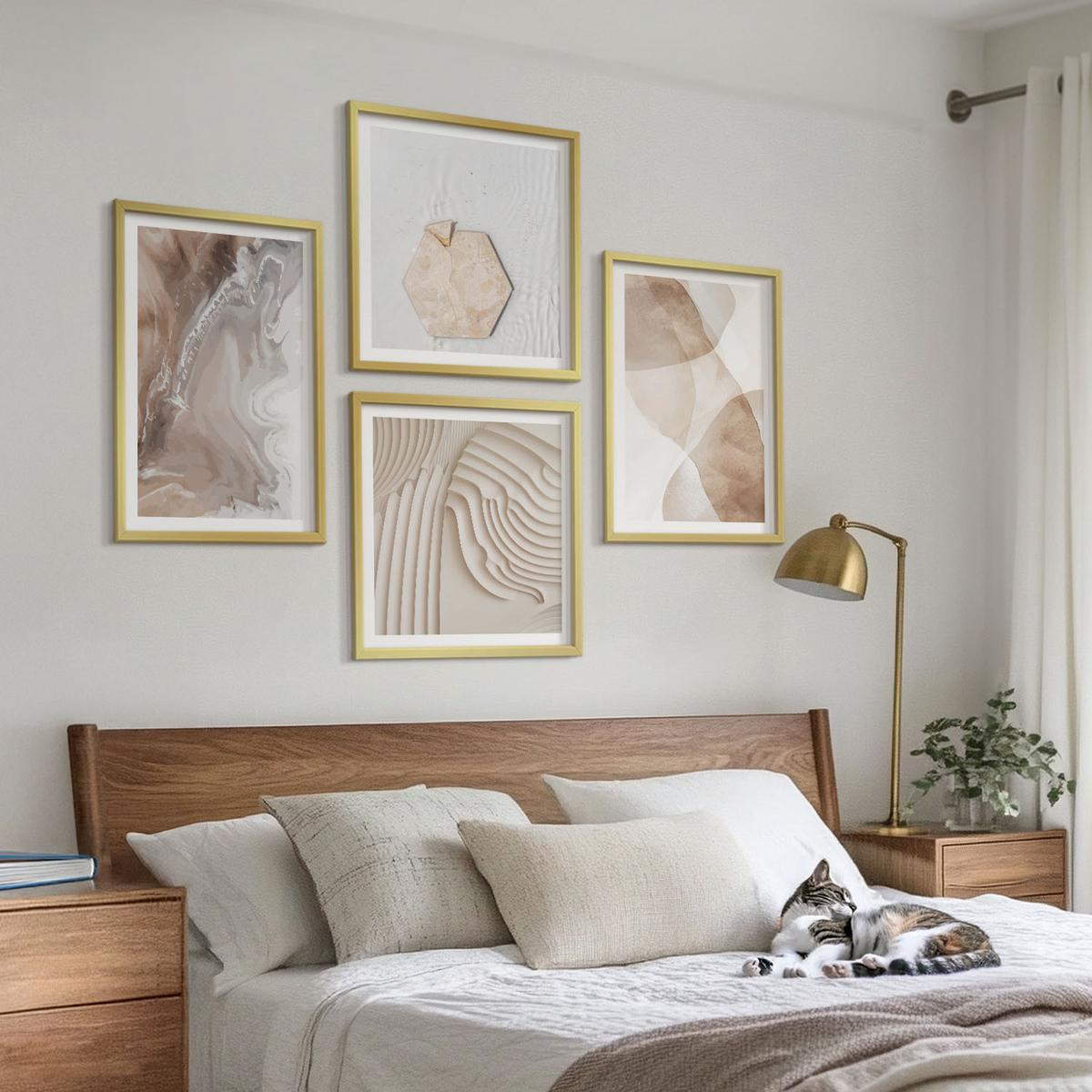 BILDER SET 4er Set - 50x50 cm & 40x60 cm Goldrahmen - Abstrakte bemalte Strukturen - Goldfarben, Kunststoff (50/50cm) - TULUP