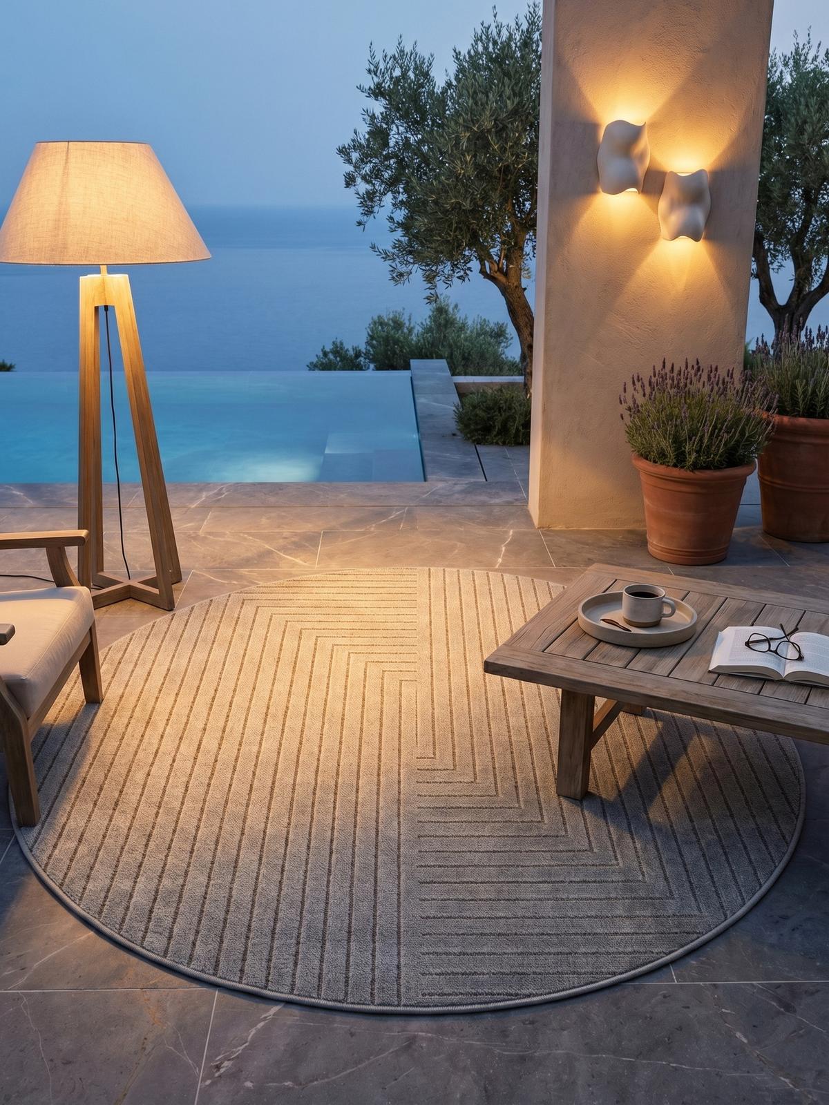 TEPPICH Outdoor ENGADIN in Silber, im Skandi-Stil mit 3D-Design, aus Polypropylen, Ø 120 cm - Silberfarben, Textil (120/120cm) - KADIMA DESIGN
