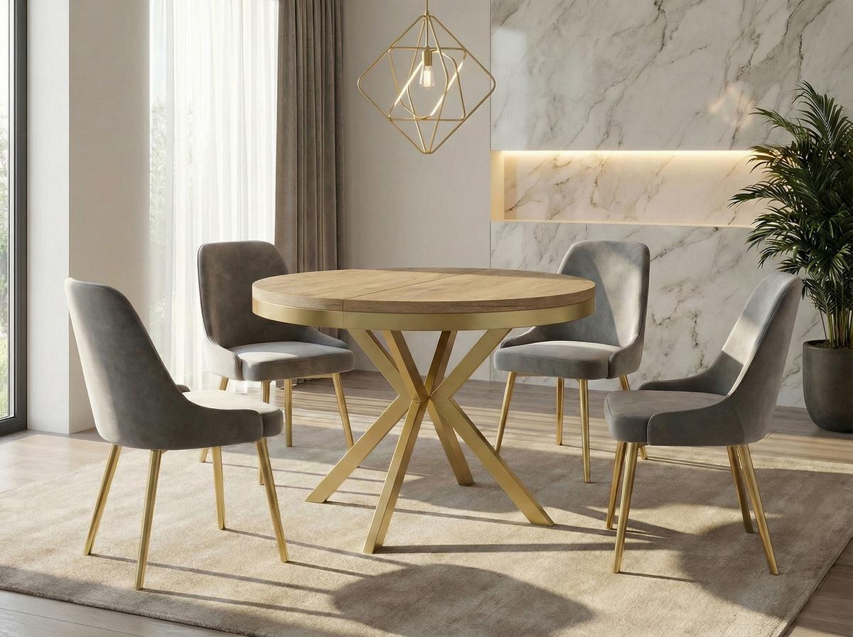 ESSTISCH Dina runder ausziehbarer, Lancelot Eiche 100-180/100/76 cm - Eichefarben/Goldfarben, Holzwerkstoff/Metall (100/180/76cm) - WFL GROUP