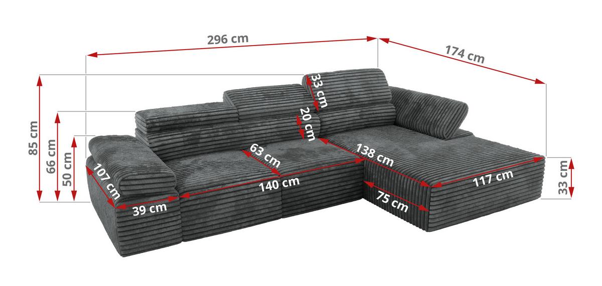 ECKSOFA RILASSO L Dunkelgrau Cord - rechts - Dunkelgrau/Schwarz, Kunststoff/Textil (174/296cm) - MKS