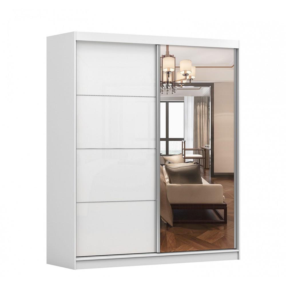 SCHWEBETÜRENSCHRANK Multi 35 Weiß/Weiß Semigloss + Spiegel 183 cm - Alufarben/Weiß, Glas/Holz (183/218/61cm) - imoebel24