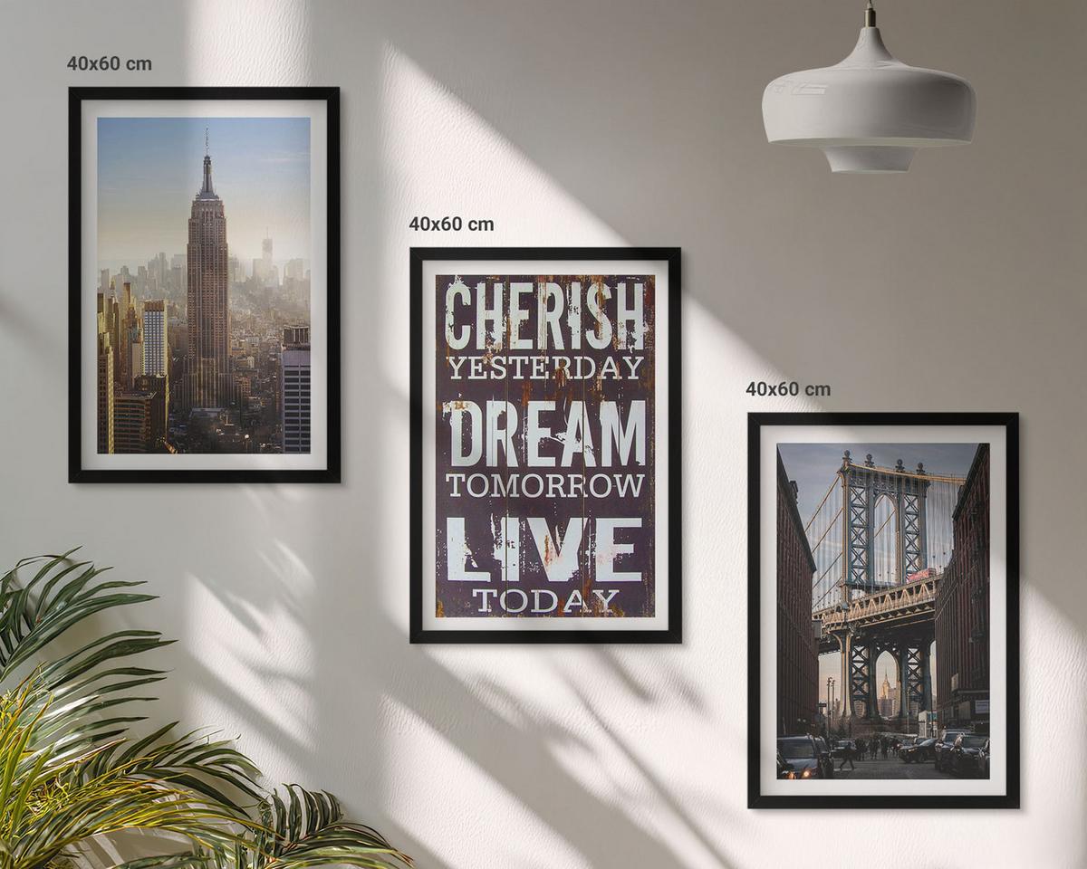 BILDER SET 3er Set - 40x60 cm Schwarzer Rahmen - Zitat über New Yorker Landschaften - Schwarz, Kunststoff (40/60cm) - TULUP