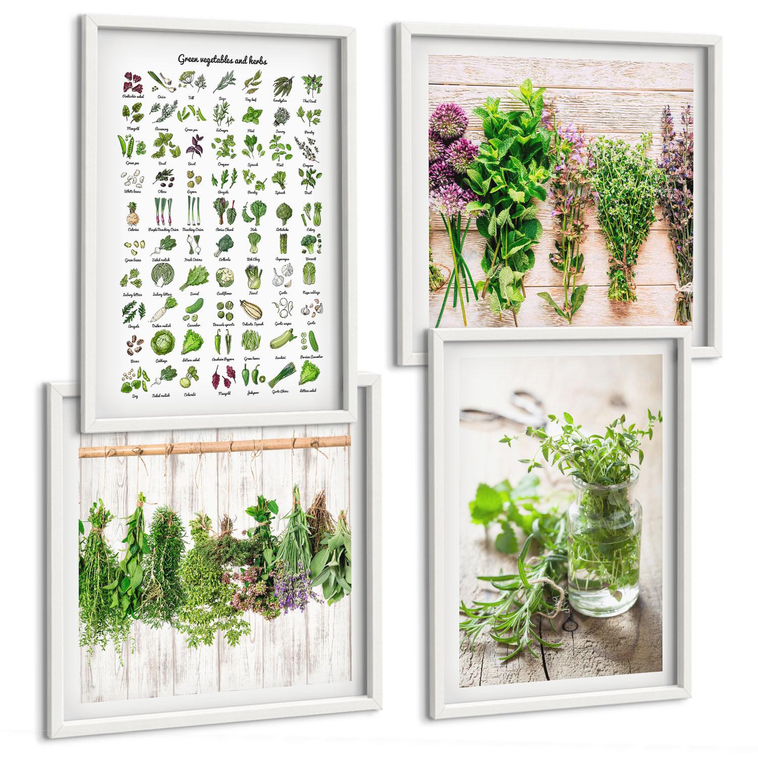 BILDER SET 4er Set - 50x50 cm & 40x60 cm Weißer Rahmen - Getrocknete Kräuter für die Küche - Weiß, Kunststoff (50/50cm) - TULUP