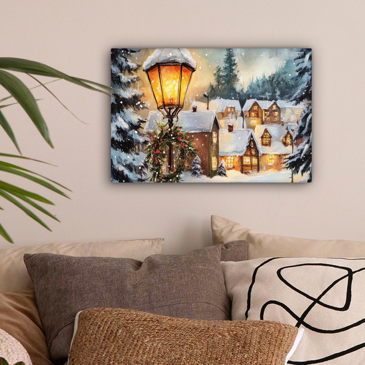 LEINWANDBILD Weihnachtsdorf - Häuser - Schnee - Weihnachten Deko Schlafzimmer 30x20 cm - Sandfarben, Textil (30/20cm) - MuchoWow