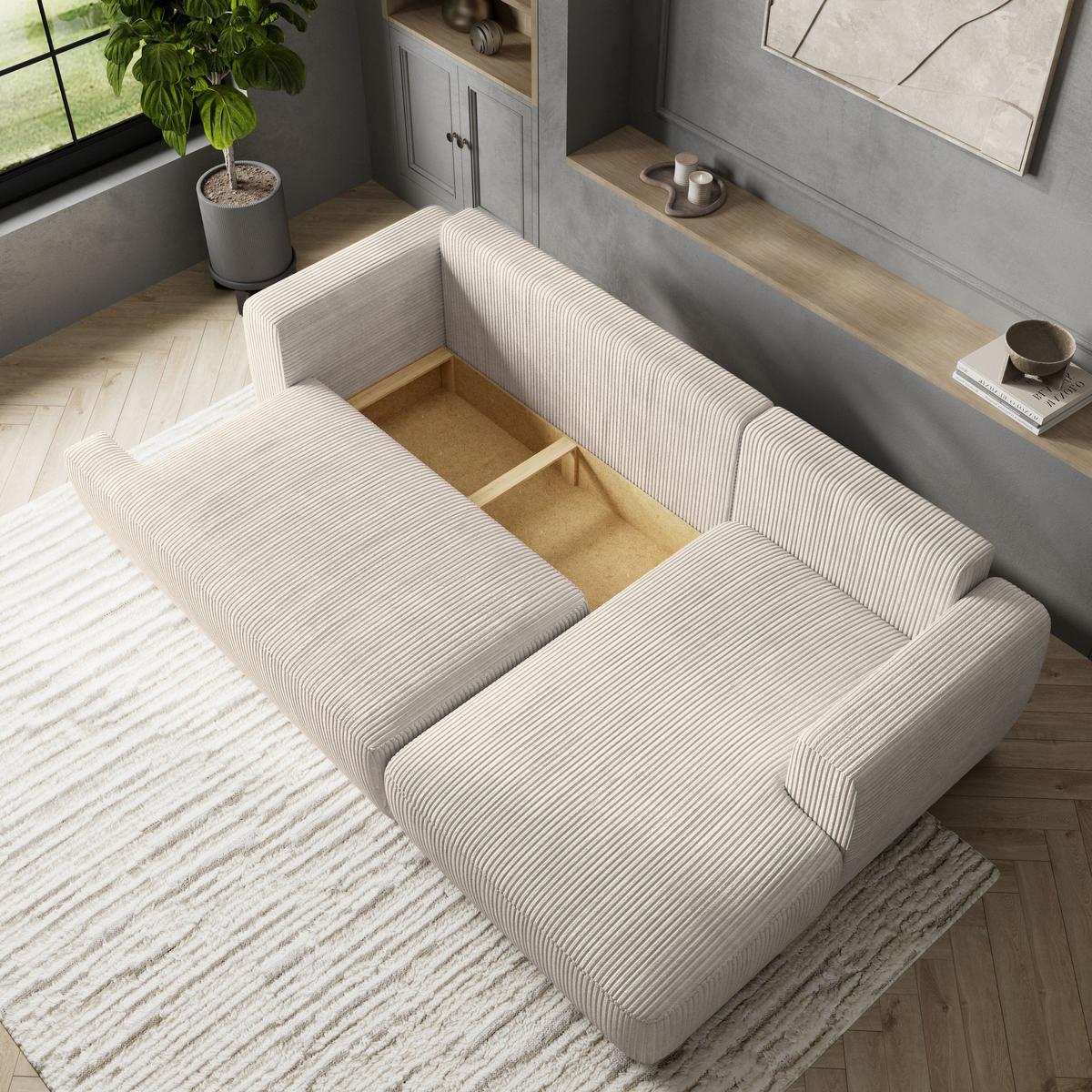 ECKSOFA SENTI P R-S Creme Kordstoff mit Schlaffunktion - Creme/Schwarz, Holz/Kunststoff (246/148cm) - MASSENO