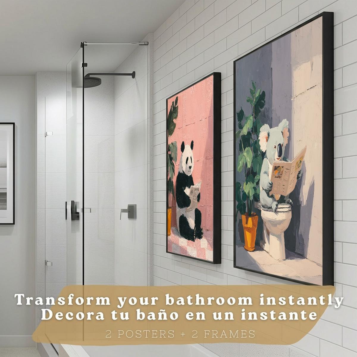 POSTER 2er-Set dekorative Badezimmer-Kunstdrucke und lustige für Wand, Toilette mit lesenden Tieren im Badezimmer, Stil Schwarzer Rahmen A4 - Schwarz, Papier (29.7/21/3cm) - Nacnic