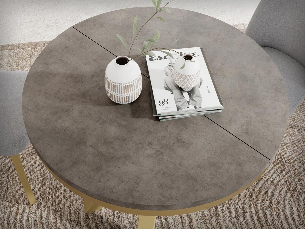 ESSTISCH Clara Gold runder ausziehbarer, Dunkelgrauer Chicago Beton 100-180/100/76 cm - Dunkelgrau/Goldfarben, Holzwerkstoff/Metall (100/176/76cm) - WFL GROUP