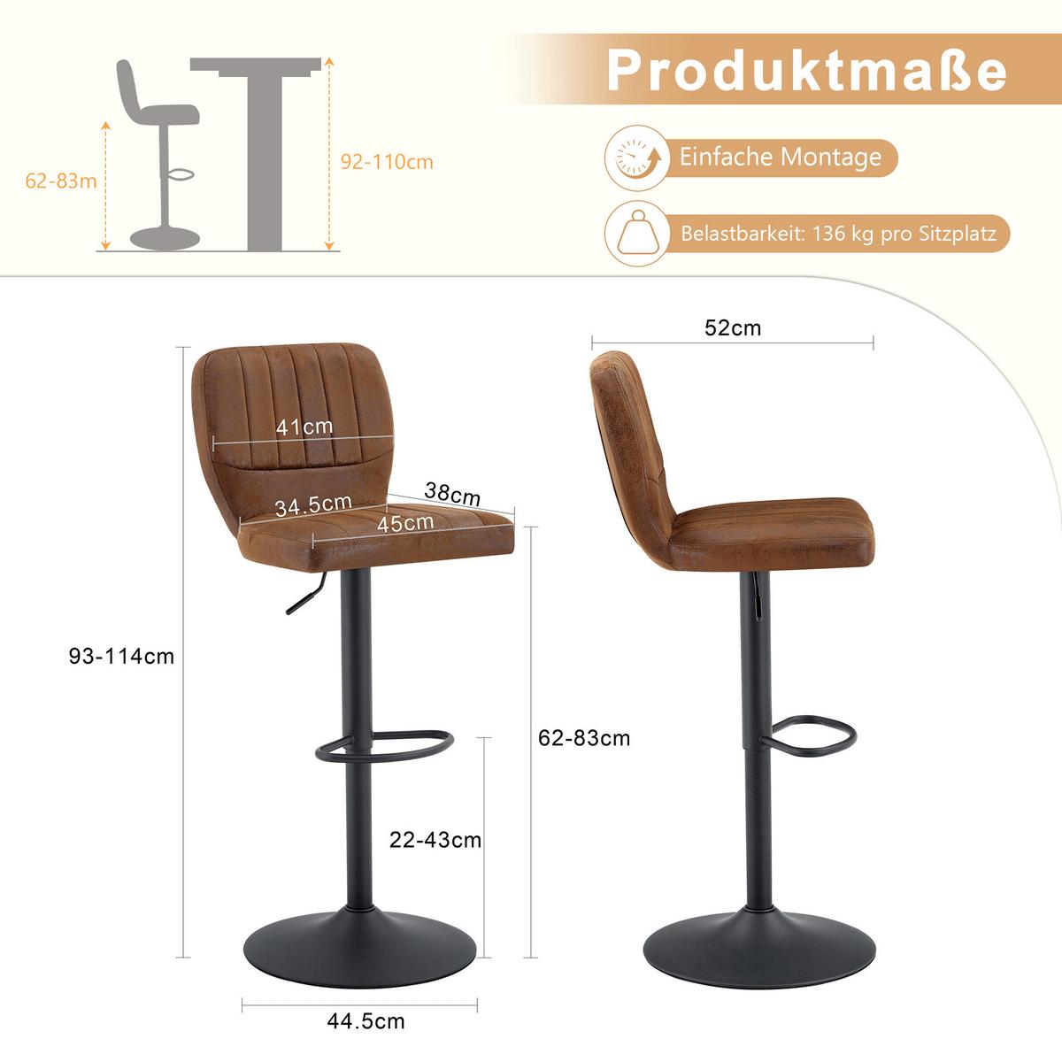 BARHOCKER 2ER-SET aus Vintage-Kunstleder in Braun, höhenverstellbar und 360° drehbar - Braun, Leder (52/62/45cm) - Urban Meuble