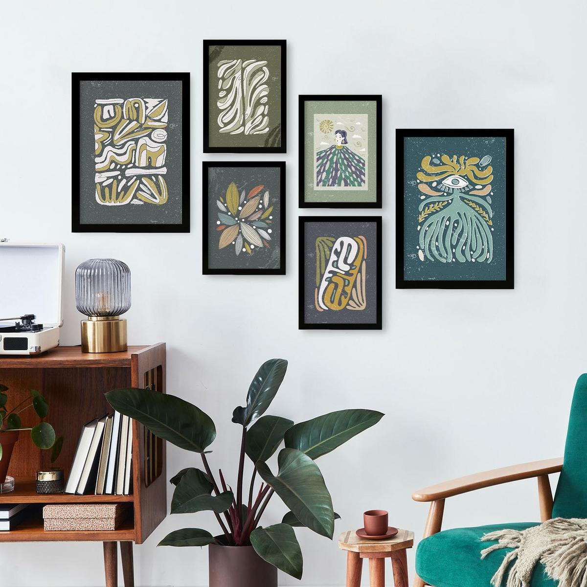 POSTER Set Mit 6 Drucken Mit Kalten Tönen In Der Sammlung Ethnischer Style Drucke Dekorative Für Zuhause Wandkunstdruck A3 & A4 Schwarzer Rahmen - Schwarz, Papier (29/3cm) - Nacnic