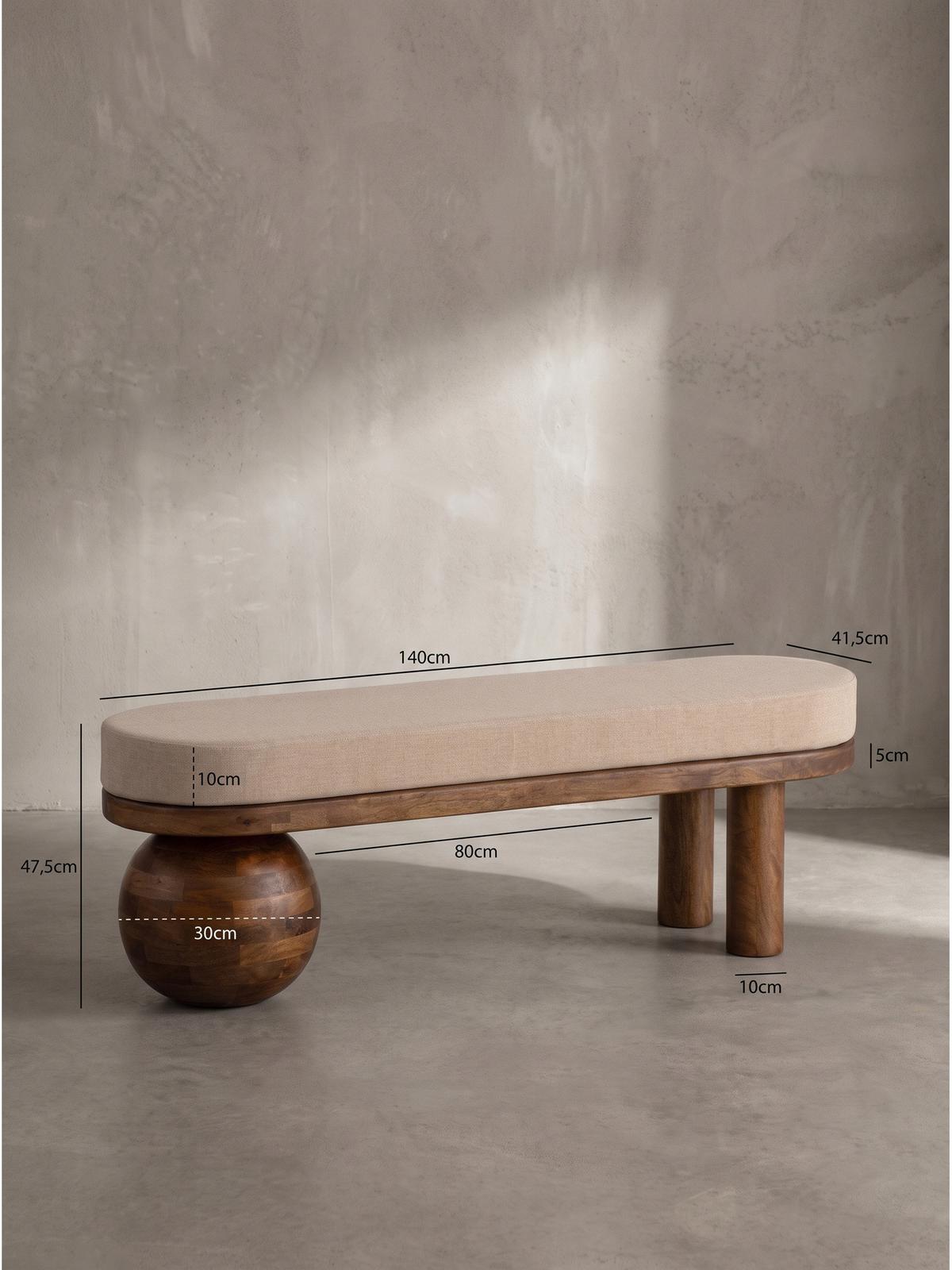 SITZBANK MAKARSKA, Stoff, Beige-Braun, 140 x 41,5 x 47,5 cm - Beige/Braun, Mangoholz/Holz (140/47.5/41.5cm) - KADIMA DESIGN