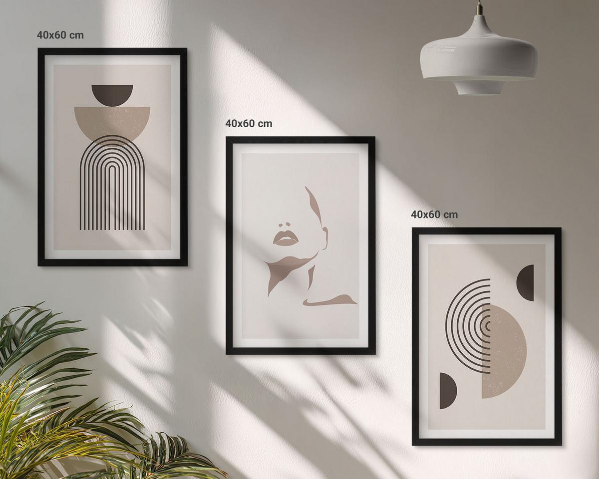BILDER SET 3er Set - 40x60 cm Schwarzer Rahmen - Abstrakte Formen und Gesicht - Schwarz, Kunststoff (40/60cm) - TULUP