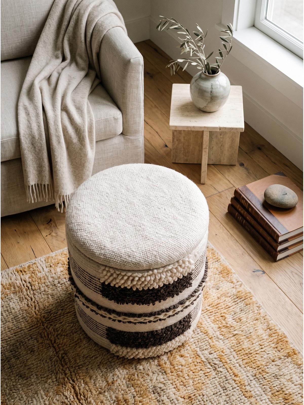 SITZHOCKER RHONE, Stoff, mit Textilbezug, mit Stauraum, Beige-Braun, Ø 40 x 45 cm - Beige/Creme, Textil (40/45/40cm) - KADIMA DESIGN