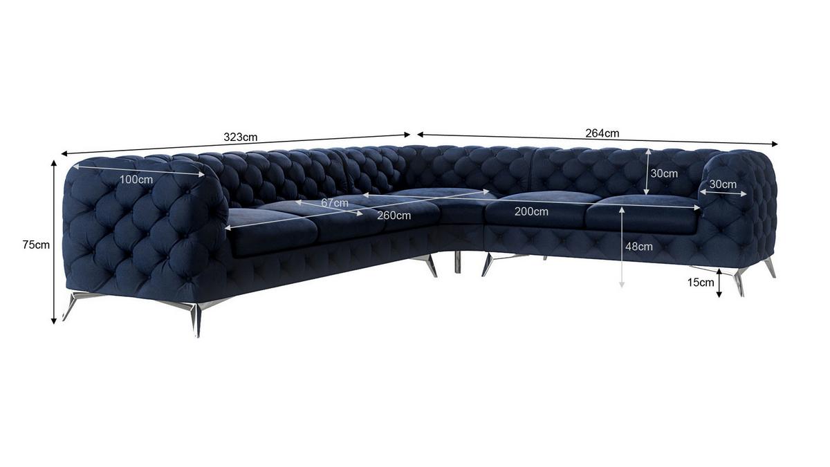 ECKSOFA Chesterfield Laura Marineblau Samt - Silberfarben/Dunkelblau, Holz/Textil (323/264cm) - S-Style Möbel