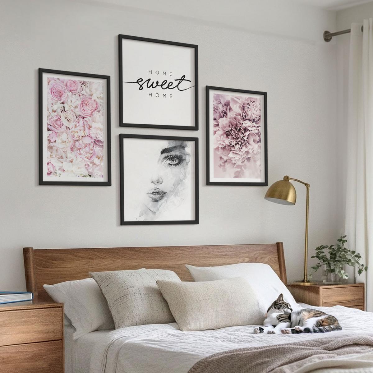 BILDER SET 4er Set - 50x50 cm & 40x60 cm Schwarzer Rahmen - Pfingstrosenporträt einer Frau für Zuhause - Schwarz, Kunststoff (50/50cm) - TULUP