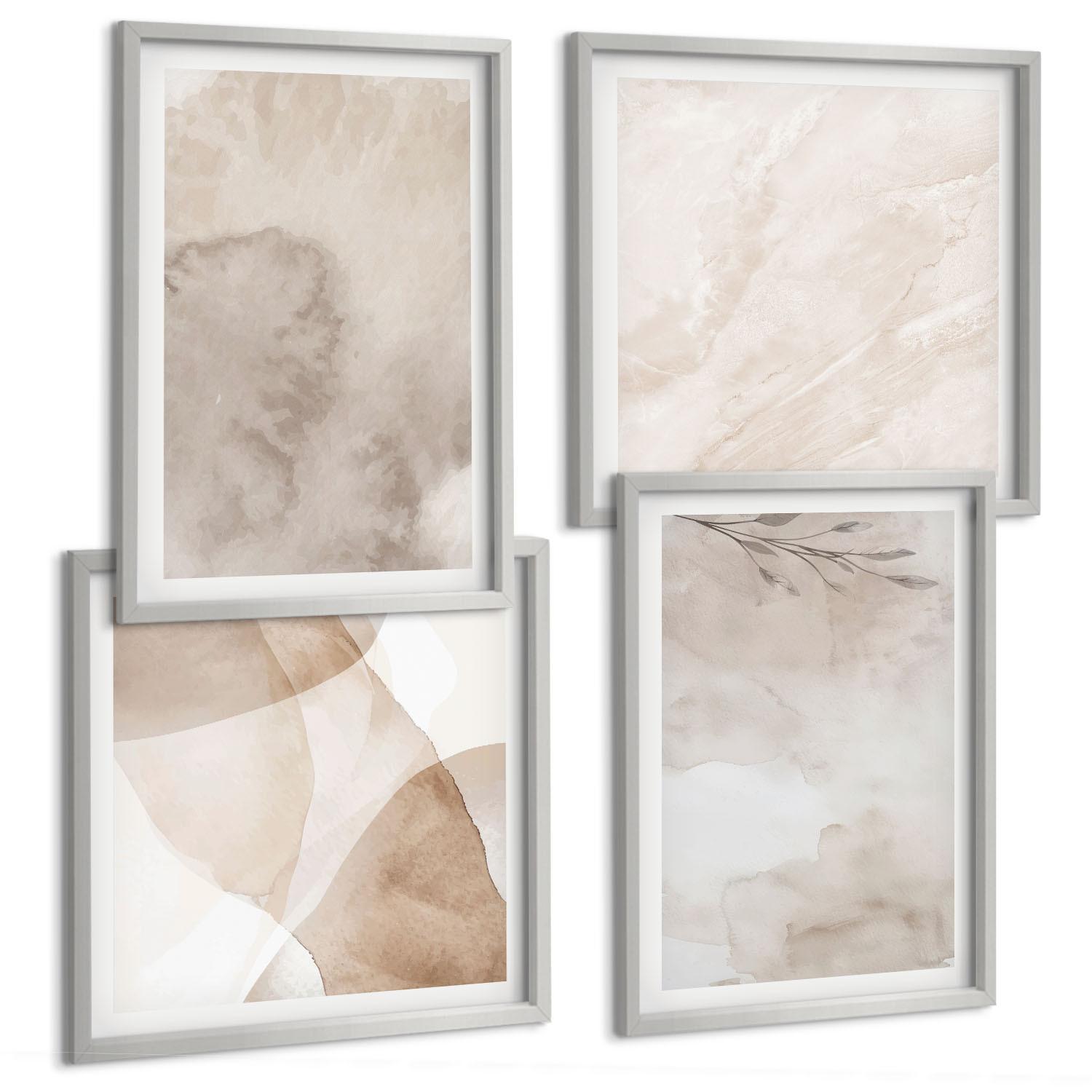 BILDER SET 4er Set - 50x50 cm & 40x60 cm Silberner Rahmen - Aquarellfarben, Boho-Texturen - Silberfarben, Kunststoff (50/50cm) - TULUP
