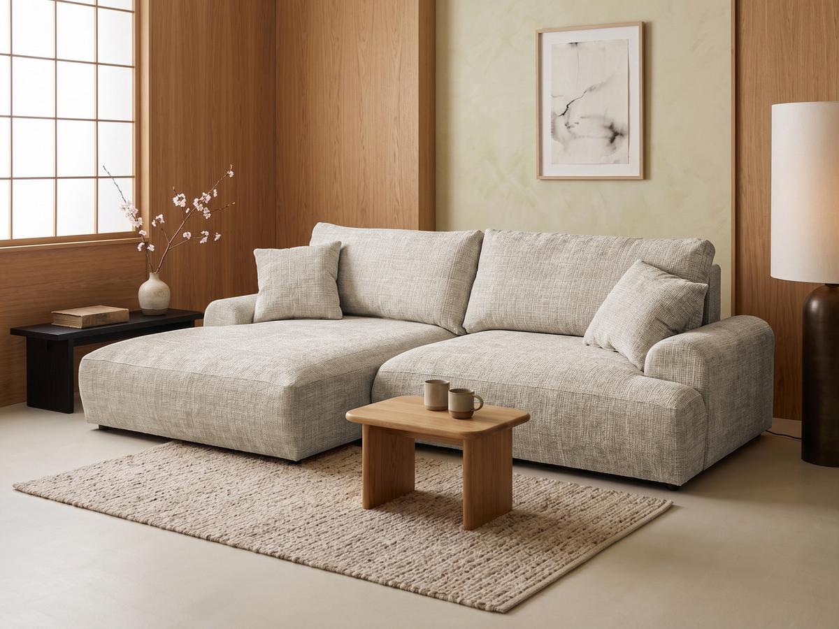 ECKSOFA Melvano mit Schlaffunktion und Bettkasten im Japandi-Stil aus weichem Dunkelbeige Chenille-Stoff - Beige/Schwarz, Holz/Kunststoff (145/240cm) - S-Style