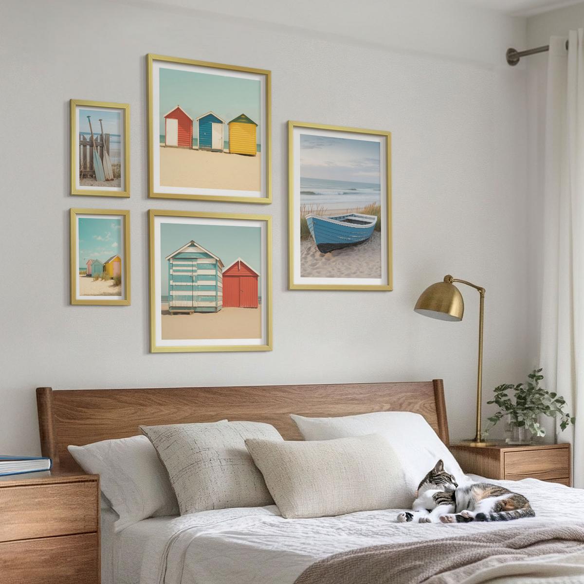 BILDER SET 5er Set - 50x50 cm & 20x30 cm & 40x60 cm Goldrahmen - Farbenfrohe Berge und Küstenstädte - Goldfarben, Kunststoff (40/60cm) - TULUP