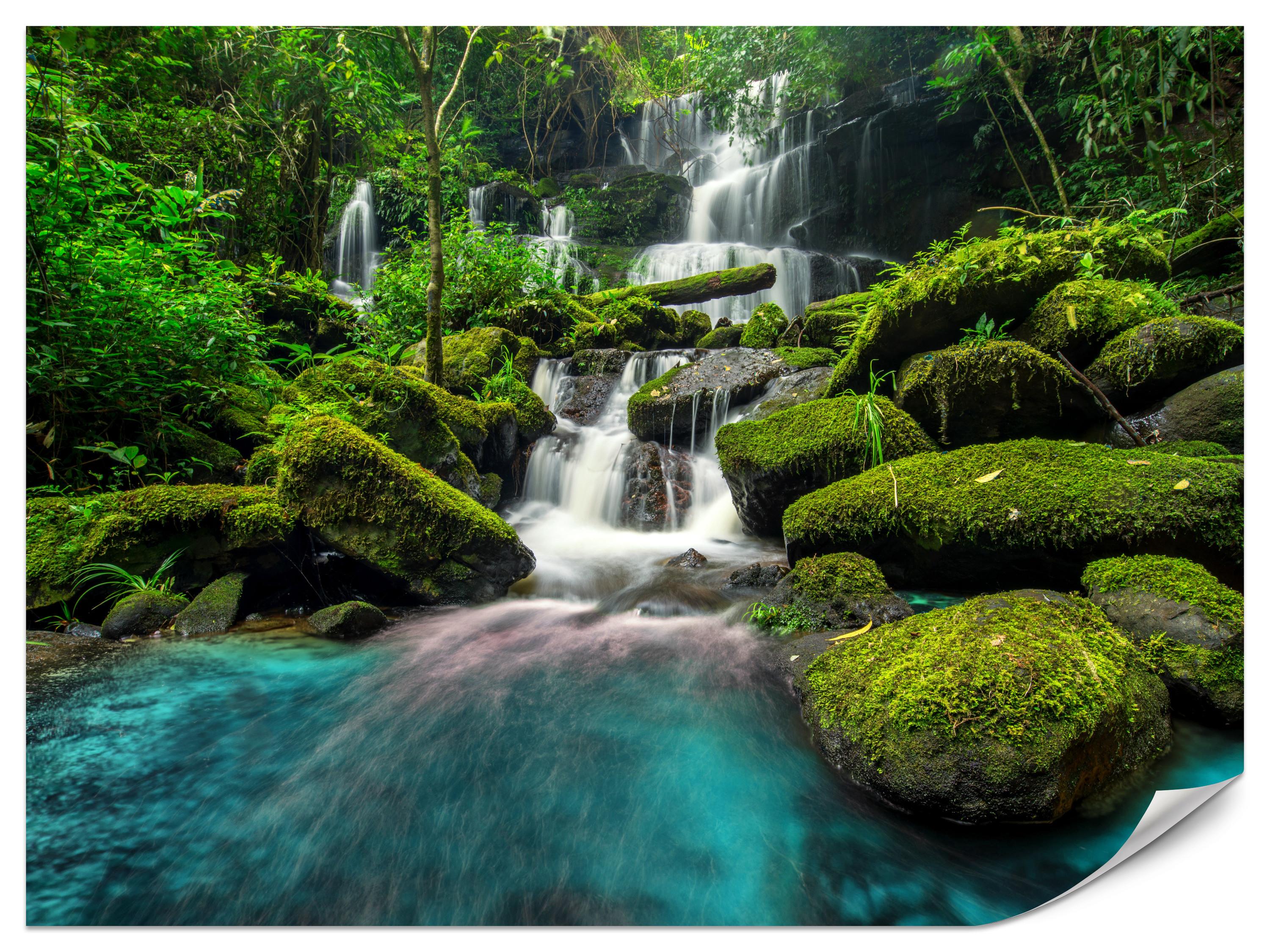 FOTOTAPETE für Küche Wasserfall Dschungel Bäume Steine Tropisch 250x175 - Türkis/Blau, Papier (250/175cm) - Muralo